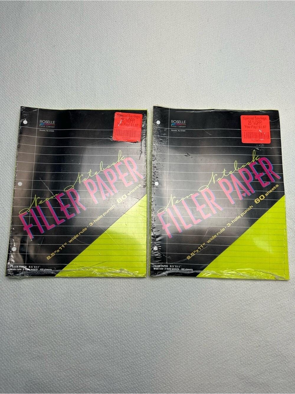 Vintage Roselle Wide Ruled neon Color Paper School Office 120 sheets total